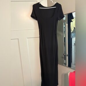 Black Ribbed Scoop Neck Midi Dress - Women